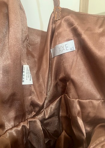 Bakır renkliUzun Drapeli Bohem Straplez Abiye Elbise 42 - Görsel 5