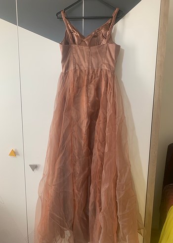 Bakır renkliUzun Drapeli Bohem Straplez Abiye Elbise 42 - Görsel 3