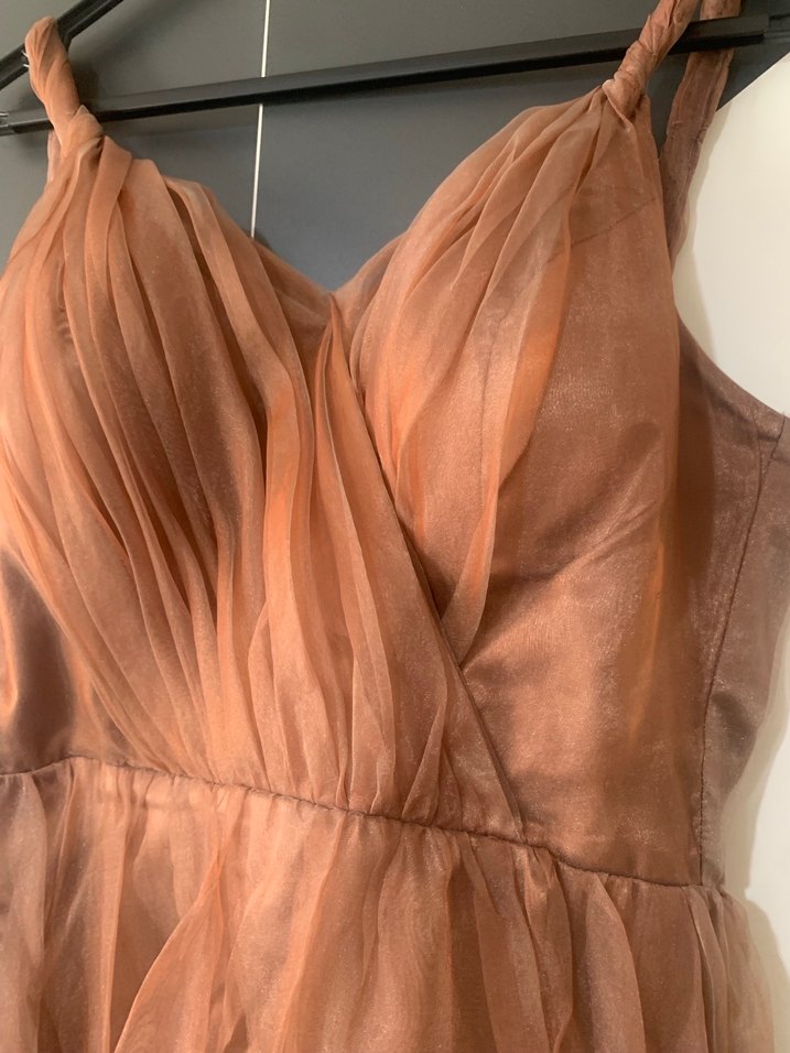 Bakır renkliUzun Drapeli Bohem Straplez Abiye Elbise 42 - Görsel 2