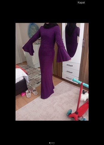 Mor Uzun Kollu Drapeli Uzun Elbise - Görsel 3