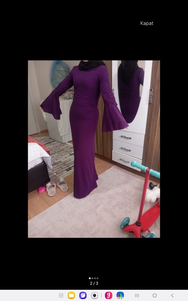 Mor Uzun Kollu Drapeli Uzun Elbise - Görsel 3