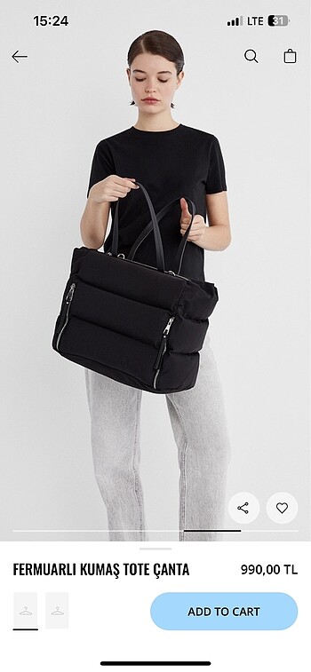 Stradivarius Fermuarlı Kumaş Tote Çanta - Görsel 5