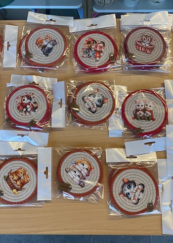 10 adet El Yapımı Kedi Temalı Hasır Bardak Altlıkları - Görsel 2