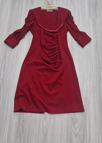 Bordo Drapeli V Yakalı Midi Elbise