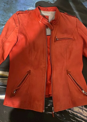 Kadın Kırmızı Deri Biker Ceket - Görsel 2