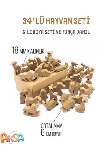 34 Parça Ahşap Hayvan Seti ve Boya Seti