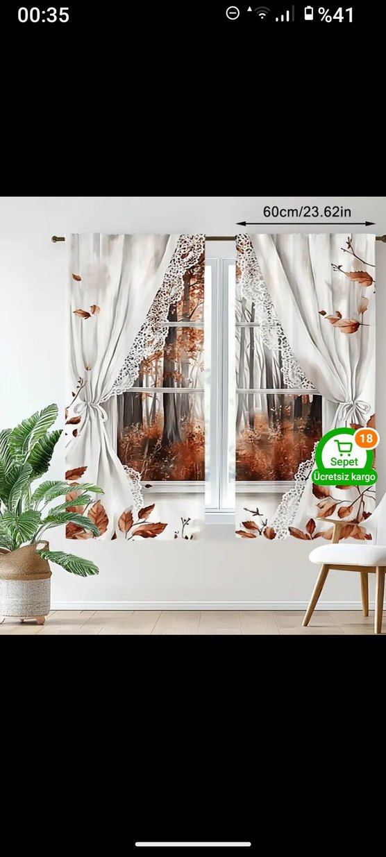 Baskılı Beyaz Gri Modern Perde 150x60 cm - Görsel 2