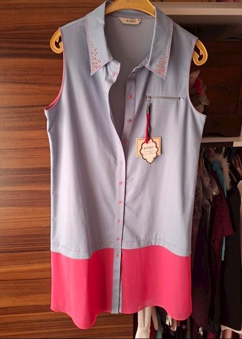 KAYRA Pembe Mavi Düğmeli Tensel İnce Kot Yelek Tunik - Görsel 4