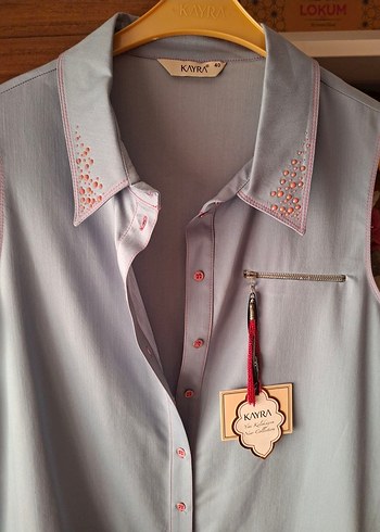 KAYRA Pembe Mavi Düğmeli Tensel İnce Kot Yelek Tunik - Görsel 2