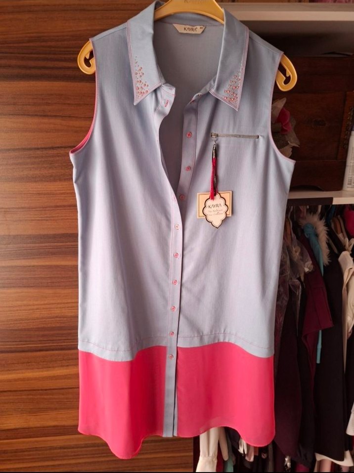 KAYRA Pembe Mavi Düğmeli Tensel İnce Kot Yelek Tunik - Görsel 4