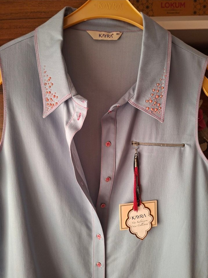 KAYRA Pembe Mavi Düğmeli Tensel İnce Kot Yelek Tunik - Görsel 2