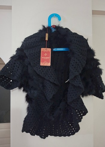Kadın Siyah Kürklü Örgü Şal Yaka Bolero Hırka Yelek Peluş Triko - Görsel 2