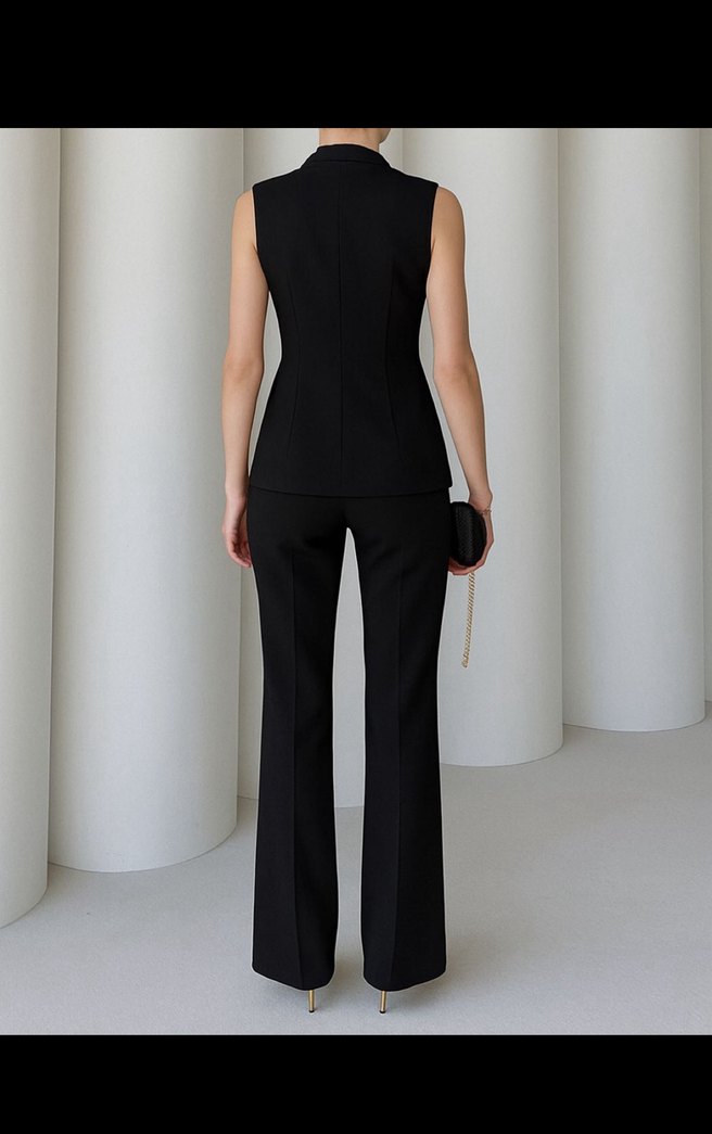 Siyah Düğmeli Uzun Kollu Kadın Takım Elbise - Görsel 4