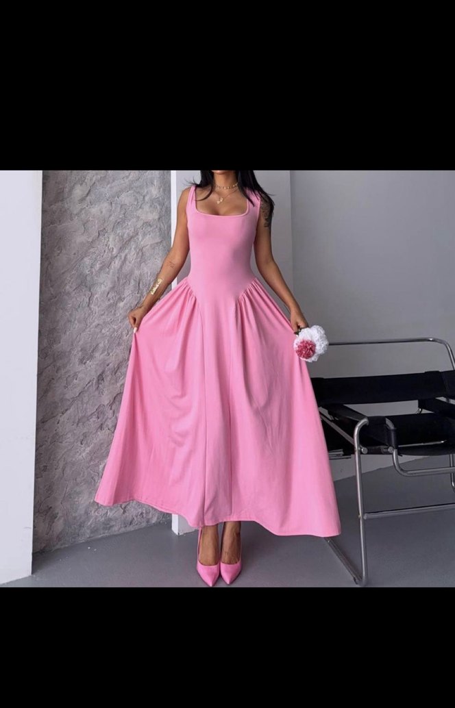 Pembe Askısız Uzun Drapeli Elbise - Görsel 2