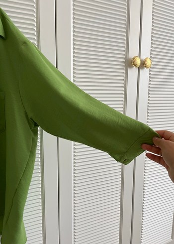l Beden yeşil Renk Yeşil Düğmeli Keten Gömlek