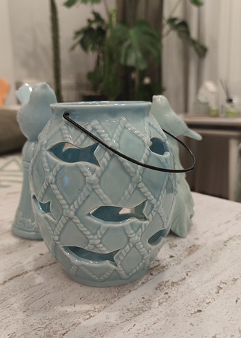 Mavi Seramik Kuş Figürleri ve Dekoratif Fener - Görsel 4