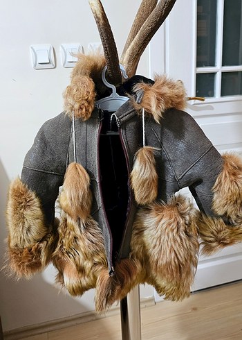 Kürk Detaylı Kahverengi unisex Çocuk montu hırkası - Görsel 5