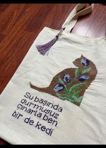 Kedi ve Şiir Temalı etamin kanaviçe işlemeli çanta - Görsel 2
