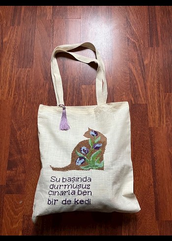 Kedi ve Şiir Temalı etamin kanaviçe işlemeli çanta - Görsel 5