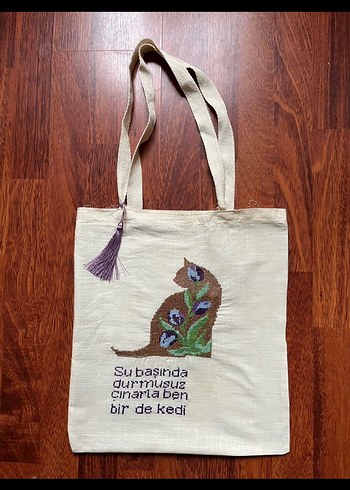 Kedi ve Şiir Temalı etamin kanaviçe işlemeli çanta - Görsel 3