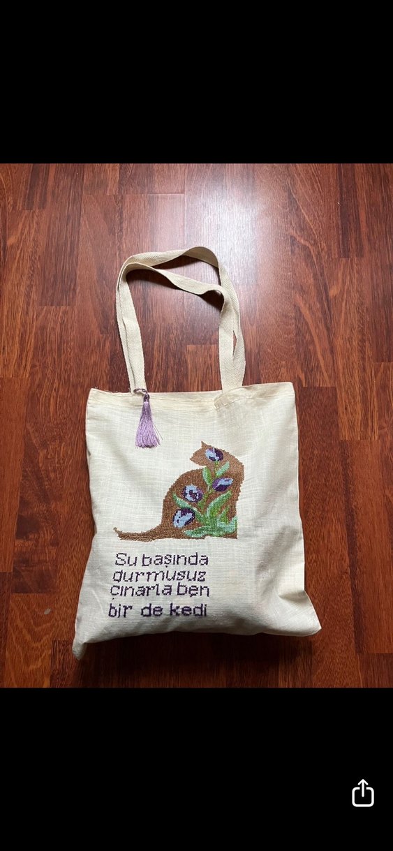 Kedi ve Şiir Temalı etamin kanaviçe işlemeli çanta - Görsel 5