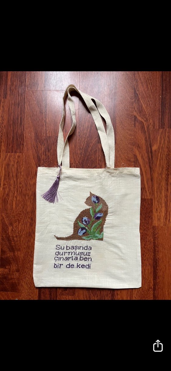 Kedi ve Şiir Temalı etamin kanaviçe işlemeli çanta - Görsel 3
