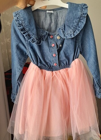 18-24 Ay pembe tül etekli kot elbise. - Görsel 5