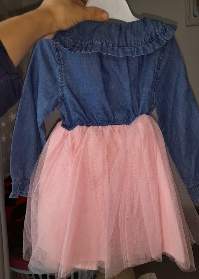 18-24 Ay pembe tül etekli kot elbise. - Görsel 3