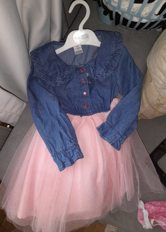 18-24 Ay pembe tül etekli kot elbise. - Görsel 4