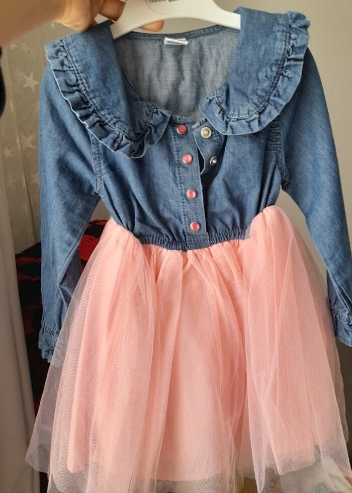 18-24 Ay pembe tül etekli kot elbise. - Görsel 5