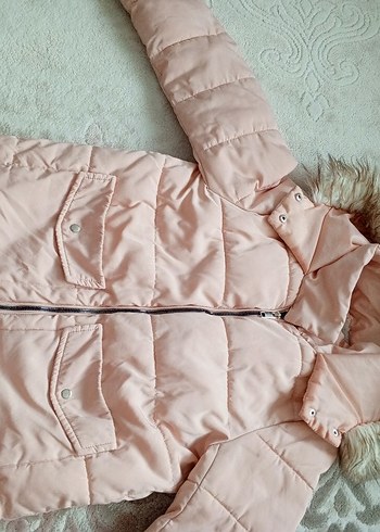 Kürklü Kapüşonlu Pembe Kız Çocuk Mont - Görsel 9