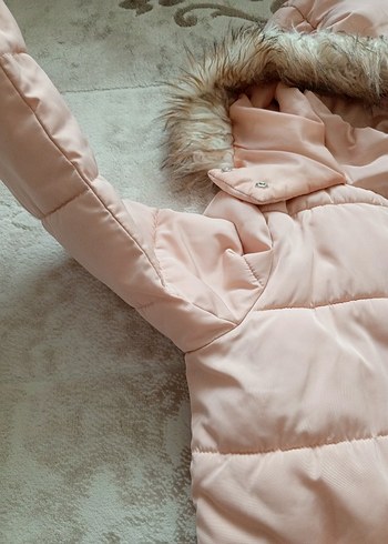 Kürklü Kapüşonlu Pembe Kız Çocuk Mont - Görsel 2