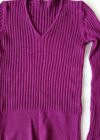 Mor V Yaka Fitilli Kadın Triko - Görsel 5