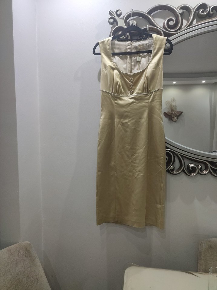 Bej Parlak V Yakalı Abiye Elbise - Görsel 4