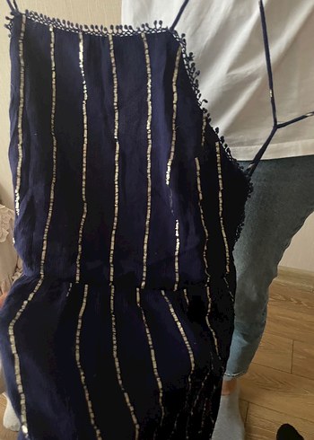 Koyu Lacivert Bağcıklı Kadın Mini Tulum - Görsel 3