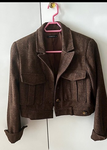 Düğmeli Kahverengi Kısa Kadın Blazer Ceket