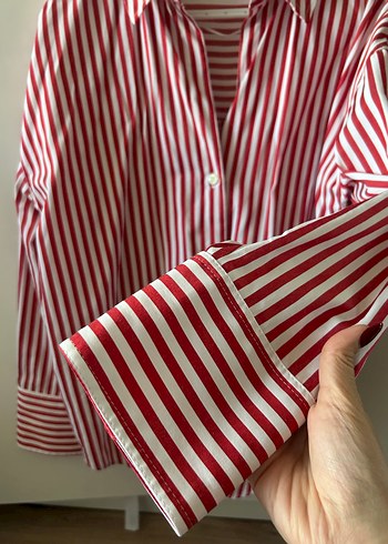 Kırmızı Çizgili Düğmeli Kadın Gömlek - Görsel 3