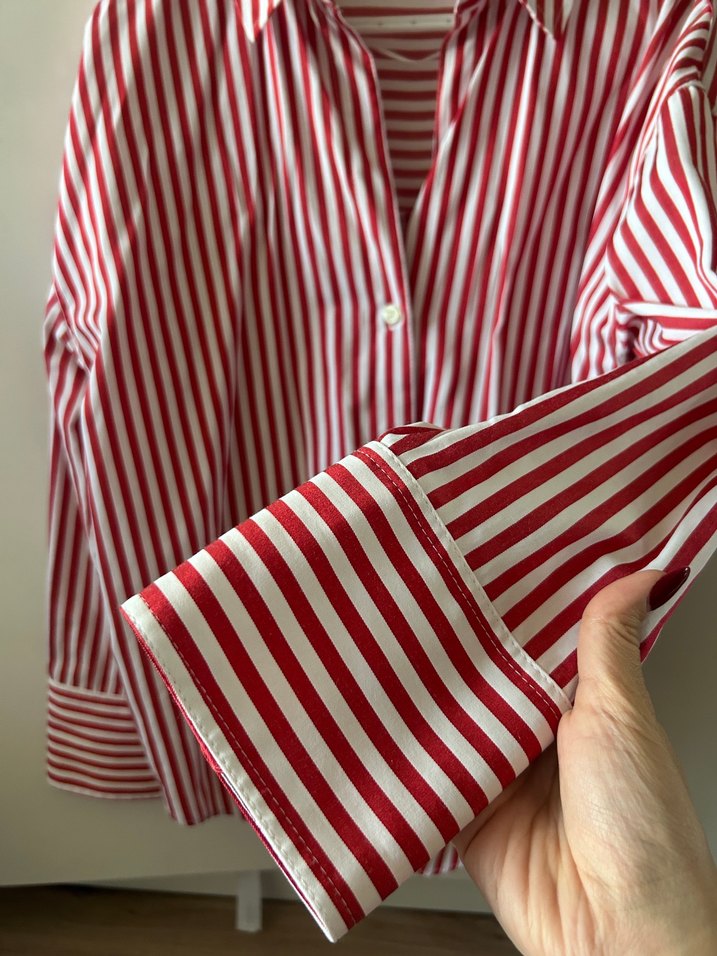 Kırmızı Çizgili Düğmeli Kadın Gömlek - Görsel 3