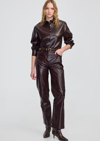 Mürdüm Parlak Deri Kadın Pantolon - Görsel 4