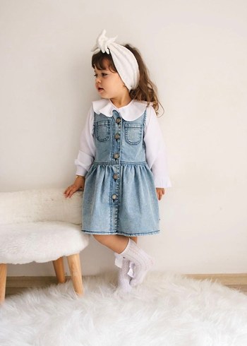 Kız Çocuk Beyaz Denim Elbise - Görsel 2