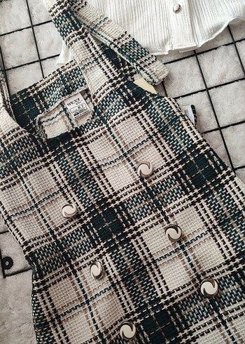 Kız Çocuk Ekose Düğmeli Askılı Elbise - Görsel 4