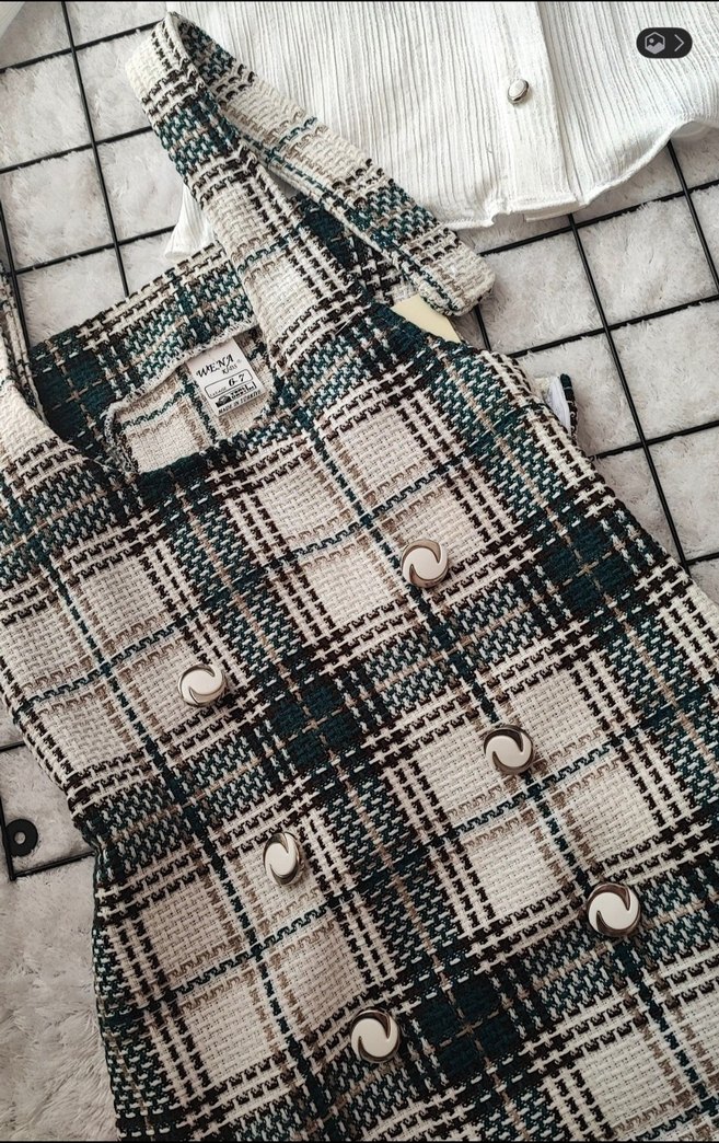 Kız Çocuk Ekose Düğmeli Askılı Elbise - Görsel 4