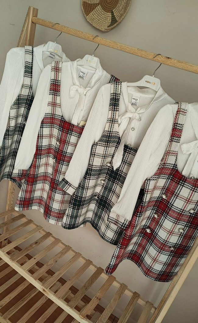 Kız Çocuk Ekose Düğmeli Askılı Elbise - Görsel 2