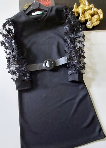 Kemerli Siyah Uzun Kollu Nakışlı Kız Elbisesi - Görsel 3