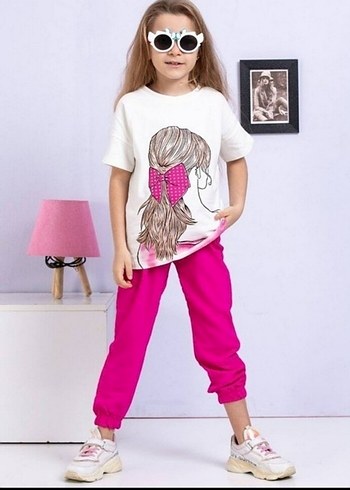 Kız Çocuk Pembe Baskılı Sweatpants Takım