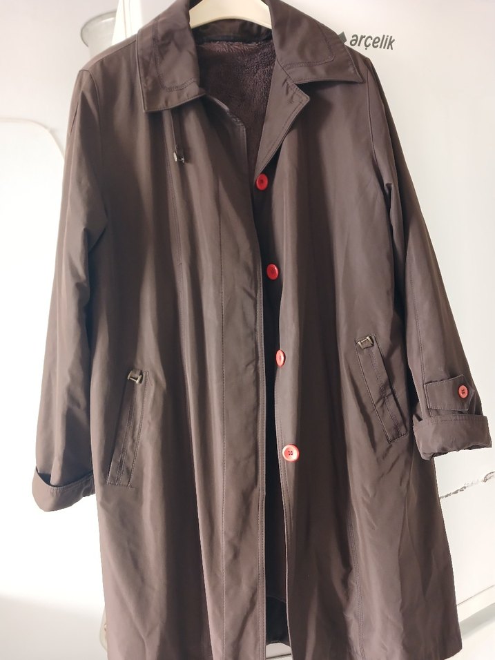 Düğmeli Kahverengi Deri Kadın Uzun Kaban - Görsel 2