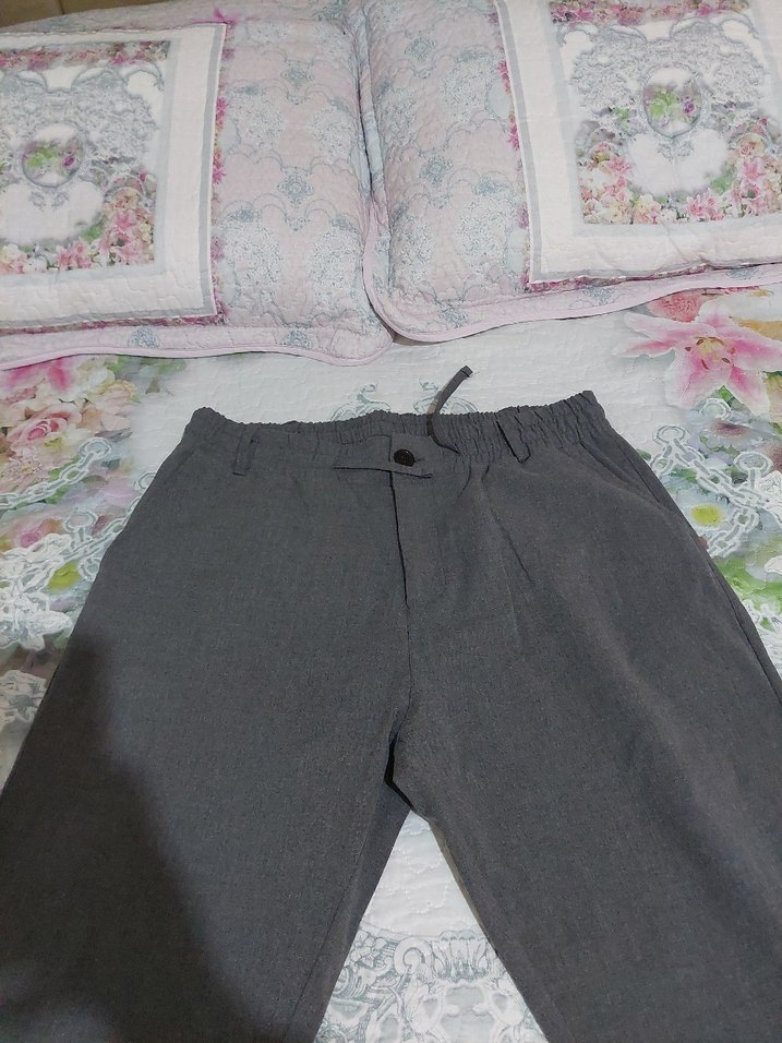 Gri kumaş pantolon beli lastikli - Görsel 3