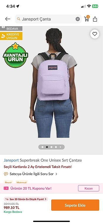 Beden mavi Renk Jansport superbreak one sırt çantası kadın