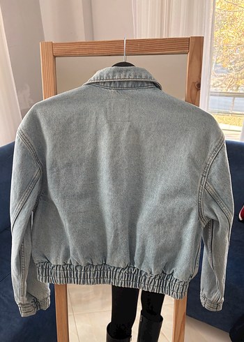 Gri Yüksek Yakalı Denim Ceket - Görsel 7