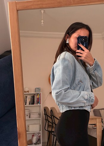 Gri Yüksek Yakalı Denim Ceket - Görsel 6